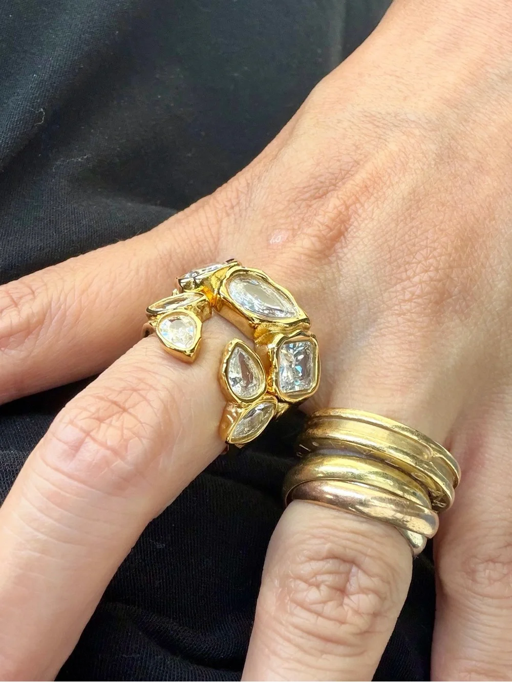 New Gold Tone Front-Opening Teardrop Crystal Cuff Ring — Adjustable Fit US Sizes